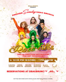 Poster featuring seven drag performers in colorful outfits with text detailing a drag brunch event, including time, location, and reservation information. Mattie's WeHo Presents THE Premier Sunday Drag Brunch: Mattie's Roccettes, The Celebration Destination for Any Occassion. 12:30 pm seating, 1:00 pm show, Sundays. Reservations at dragbrunchweho.com. Featuring: Lolita Colby, Anya Knuts, Miami Knight, Aurora Sexton, Kalista Stage, Kyra Jeté.  A Beau Byron presentation. 