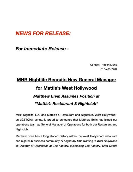 A written .pdf file discussing the hiring of Matthew Ervin as General Manager for Mattie's West Hollywood.