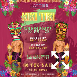 A colorful event poster featuring two shirtless men wearing tiki masks, surrounded by tropical flowers and patterns. Text details event information, including time, location, and hosts.